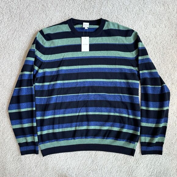 Paul Smith Lambswool Knit Black Green Stripe Crewneck Pullover Sweater XXL NEW